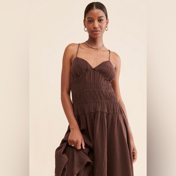 NWNT Free People Verbena Midi Dress  asymmetrical hem in chocolate Brown SZ S L - Picture 3 of 14